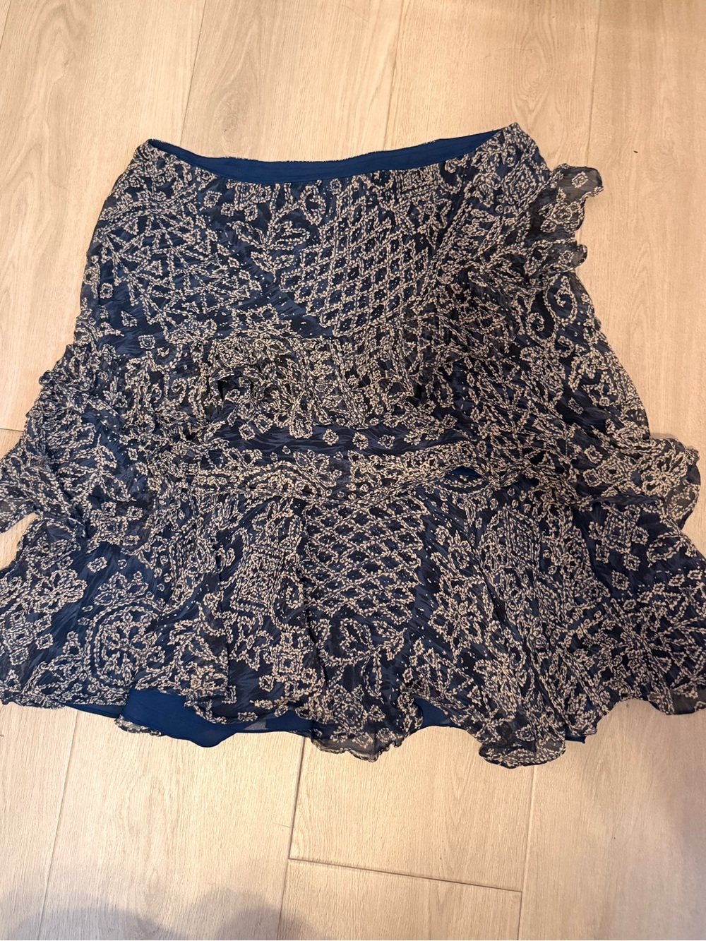 Lauren Ralph Lauren Women's Tiered Ruffled Silk Chiffon Skirt Navy/Beige Sz L